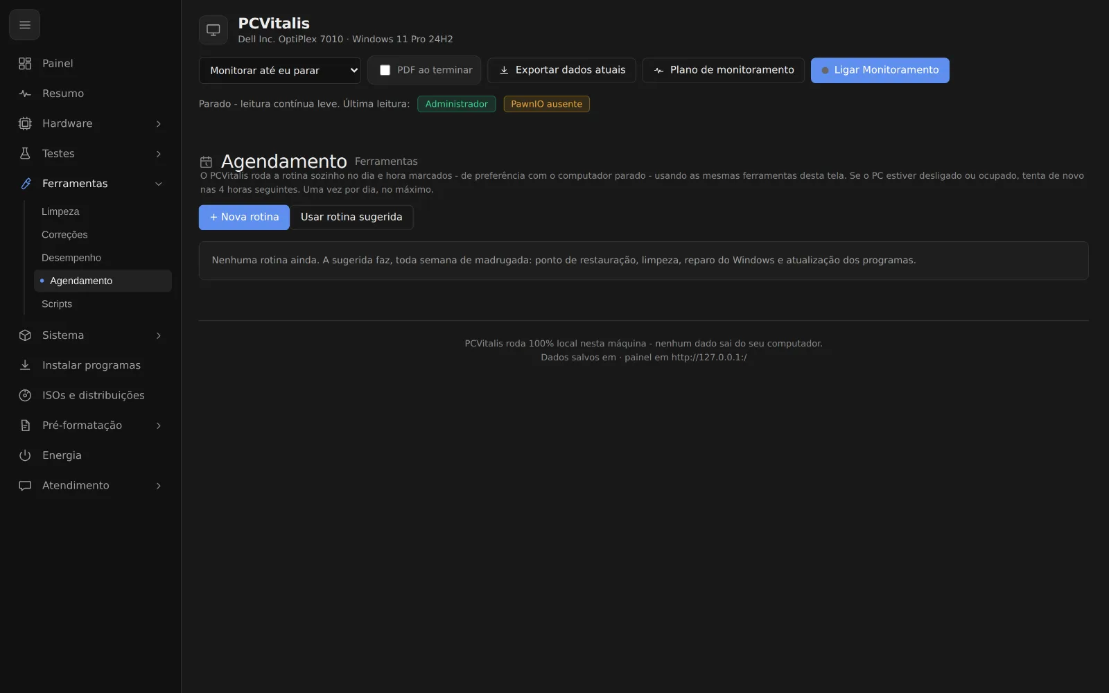 Tela como agendar manutenção automática no pc do cliente no programa PCVitalis