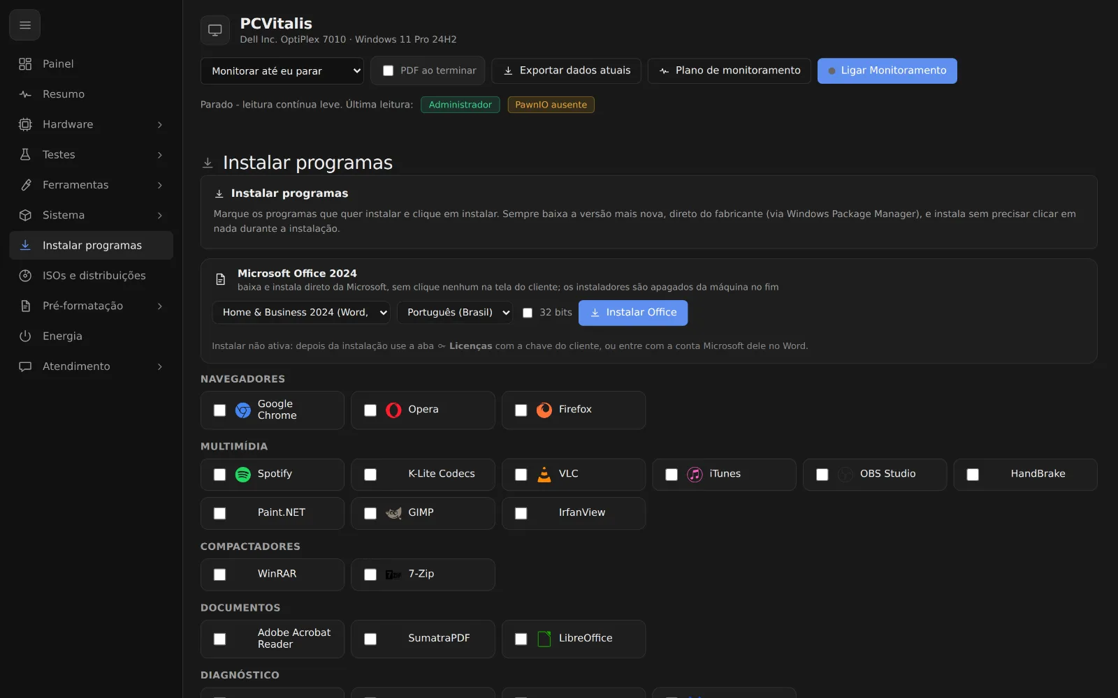 Tela como instalar vários programas de uma vez no pc do cliente no programa PCVitalis