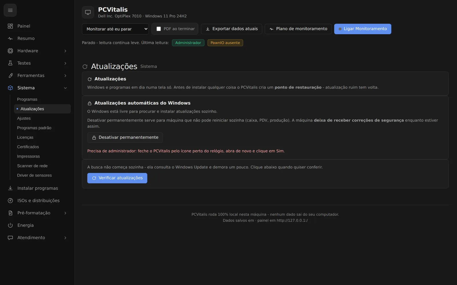 Tela como atualizar o windows e os programas do cliente à distância no programa PCVitalis