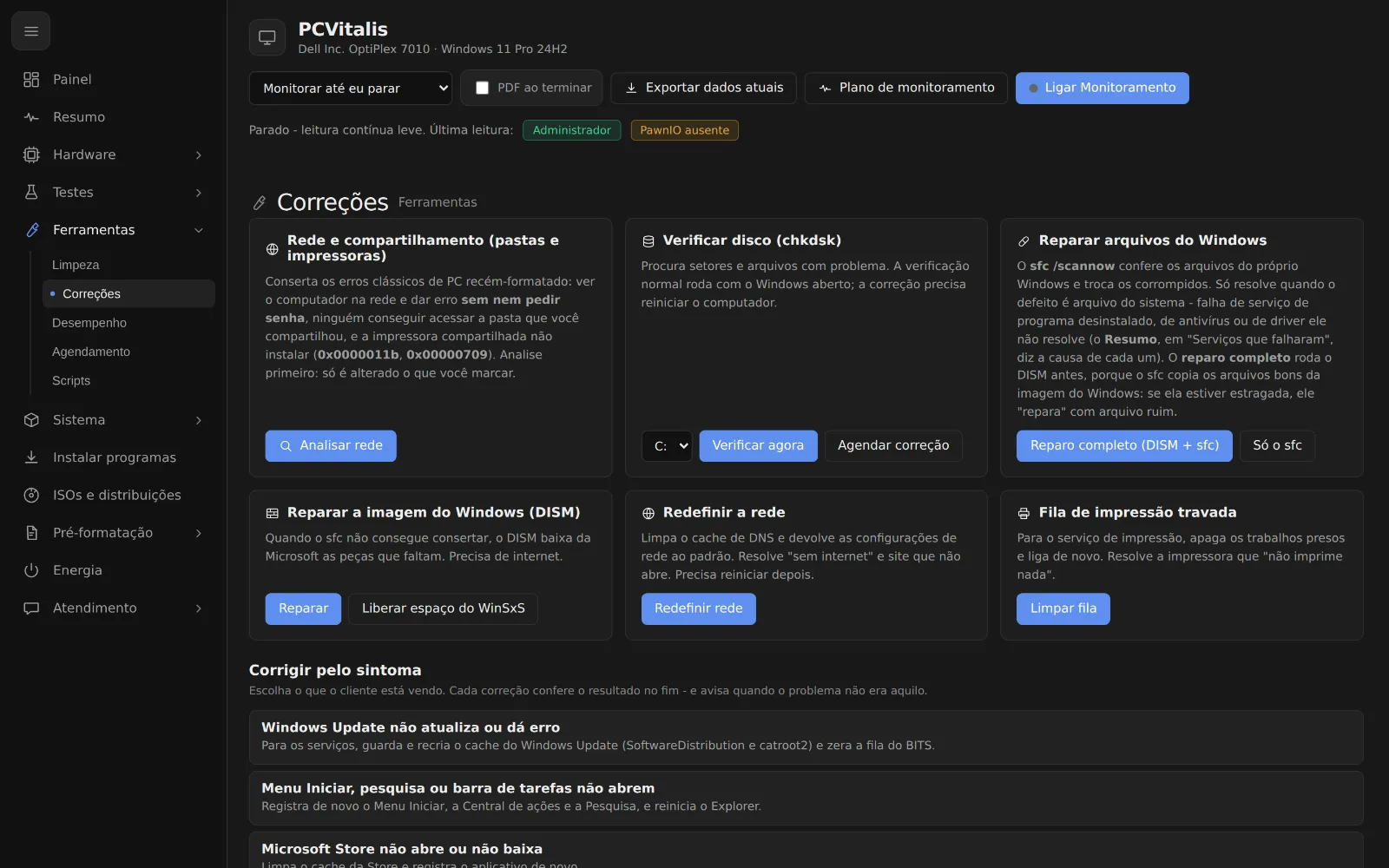 Tela como resolver erro de compartilhamento de pastas e impressoras na rede no programa PCVitalis