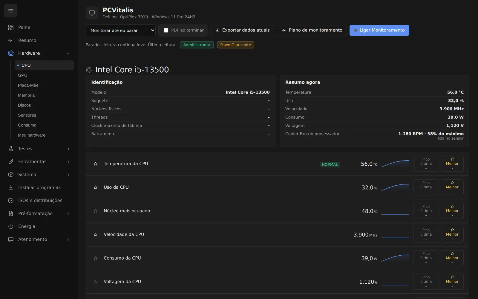 Tela como ver o uso e a temperatura de cada núcleo do processador no programa PCVitalis