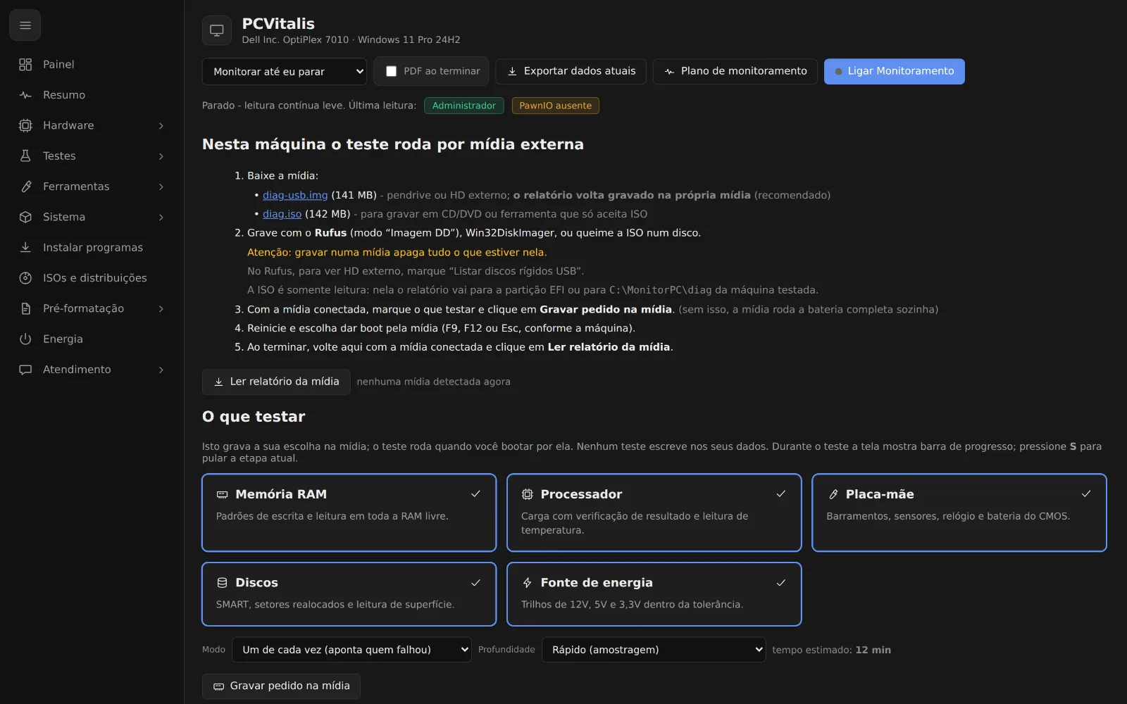 Tela como testar o hardware fora do windows no programa PCVitalis