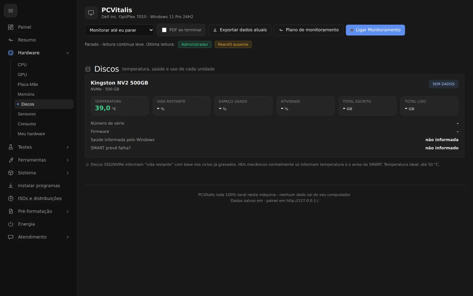 Tela como saber se o ssd ou o hd do cliente está bom no programa PCVitalis