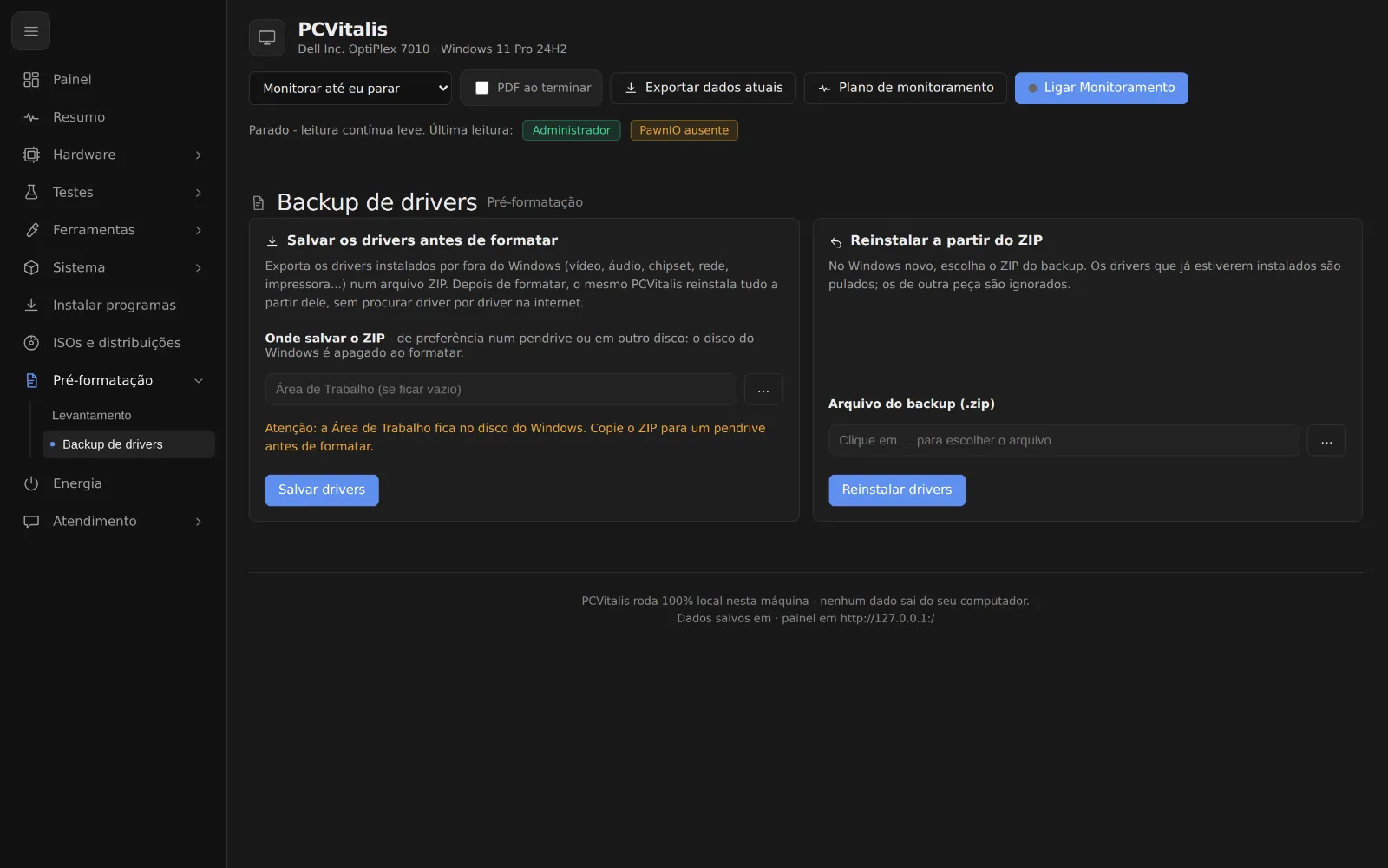 Tela como fazer backup dos drivers antes de formatar e reinstalar depois no programa PCVitalis