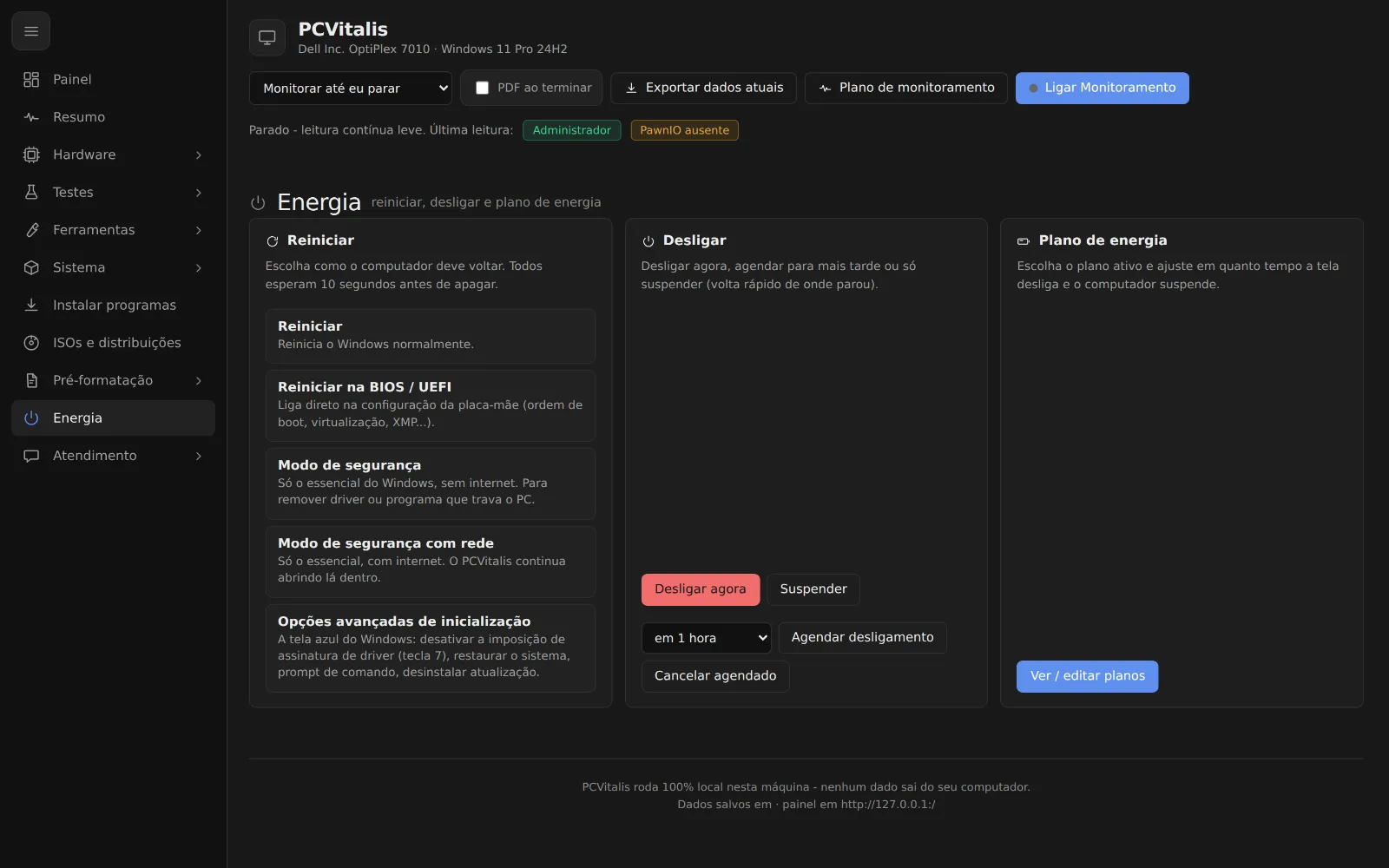 Tela como reiniciar ou desligar o pc do cliente à distância no programa PCVitalis