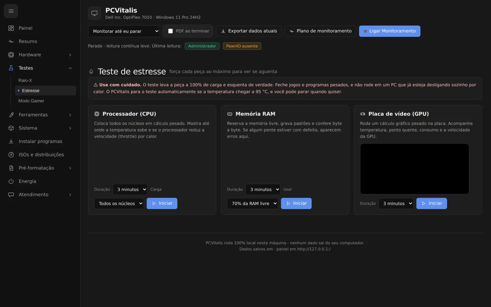 Tela como fazer teste de estresse no pc do cliente no programa PCVitalis