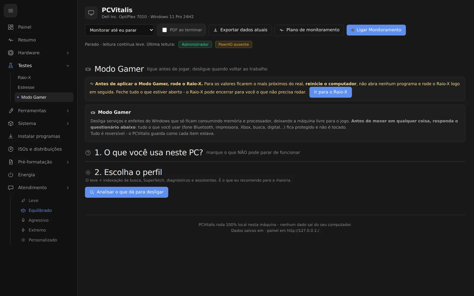 Tela como otimizar o pc para jogos com o modo gamer no programa PCVitalis