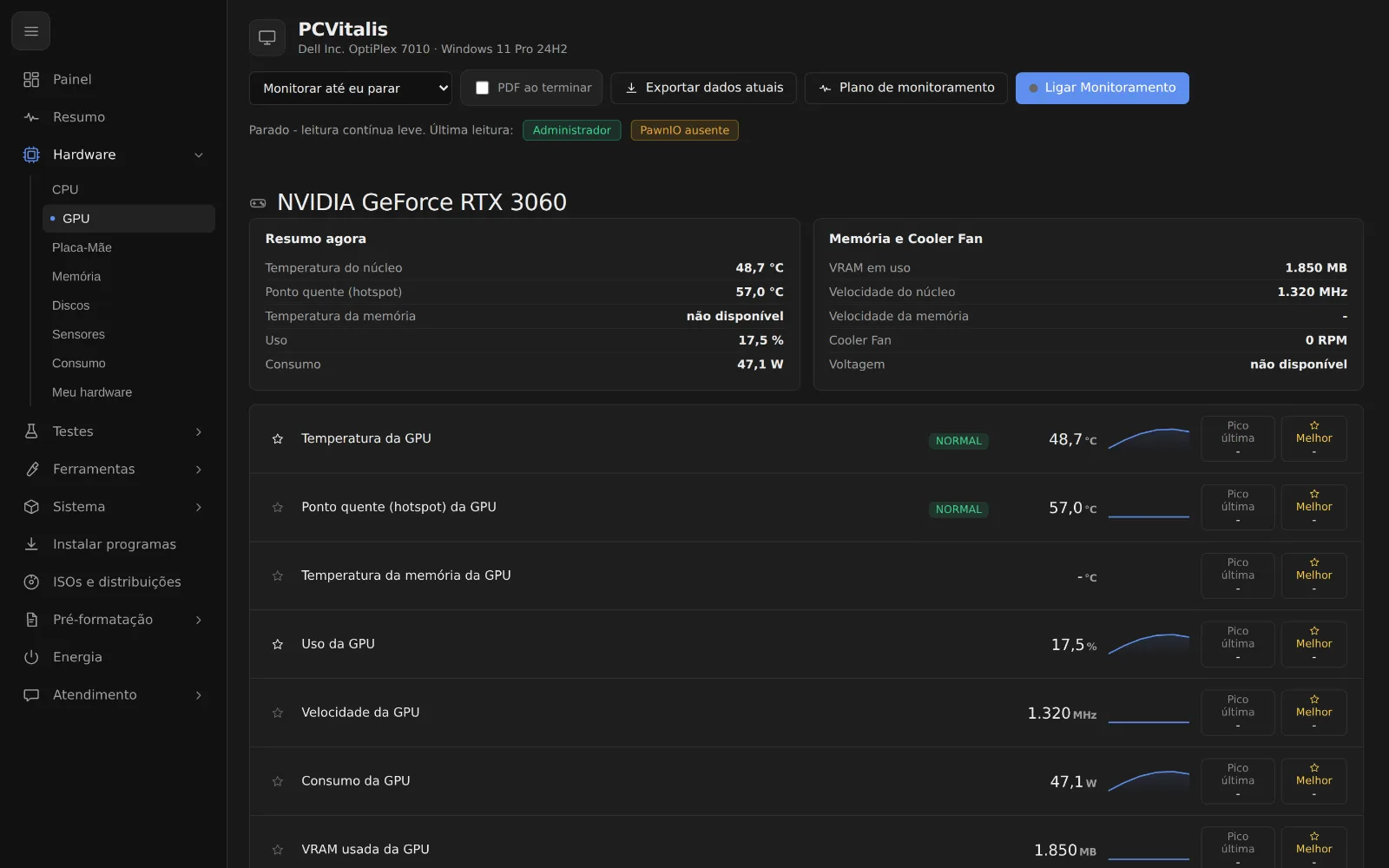 Tela como ver a temperatura e o uso da placa de vídeo no programa PCVitalis