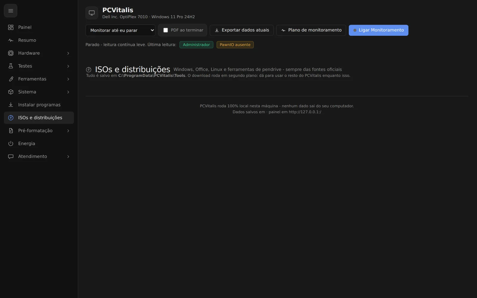 Tela onde baixar a iso do windows e ferramentas de pendrive com segurança no programa PCVitalis