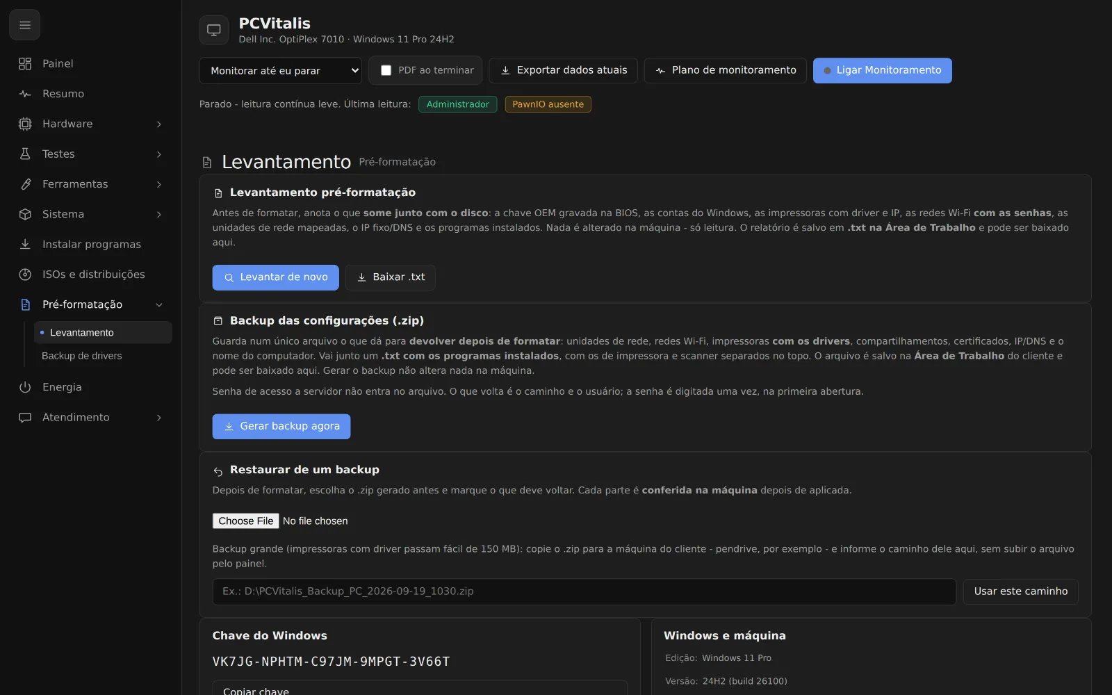 Tela o que salvar antes de formatar o pc do cliente no programa PCVitalis