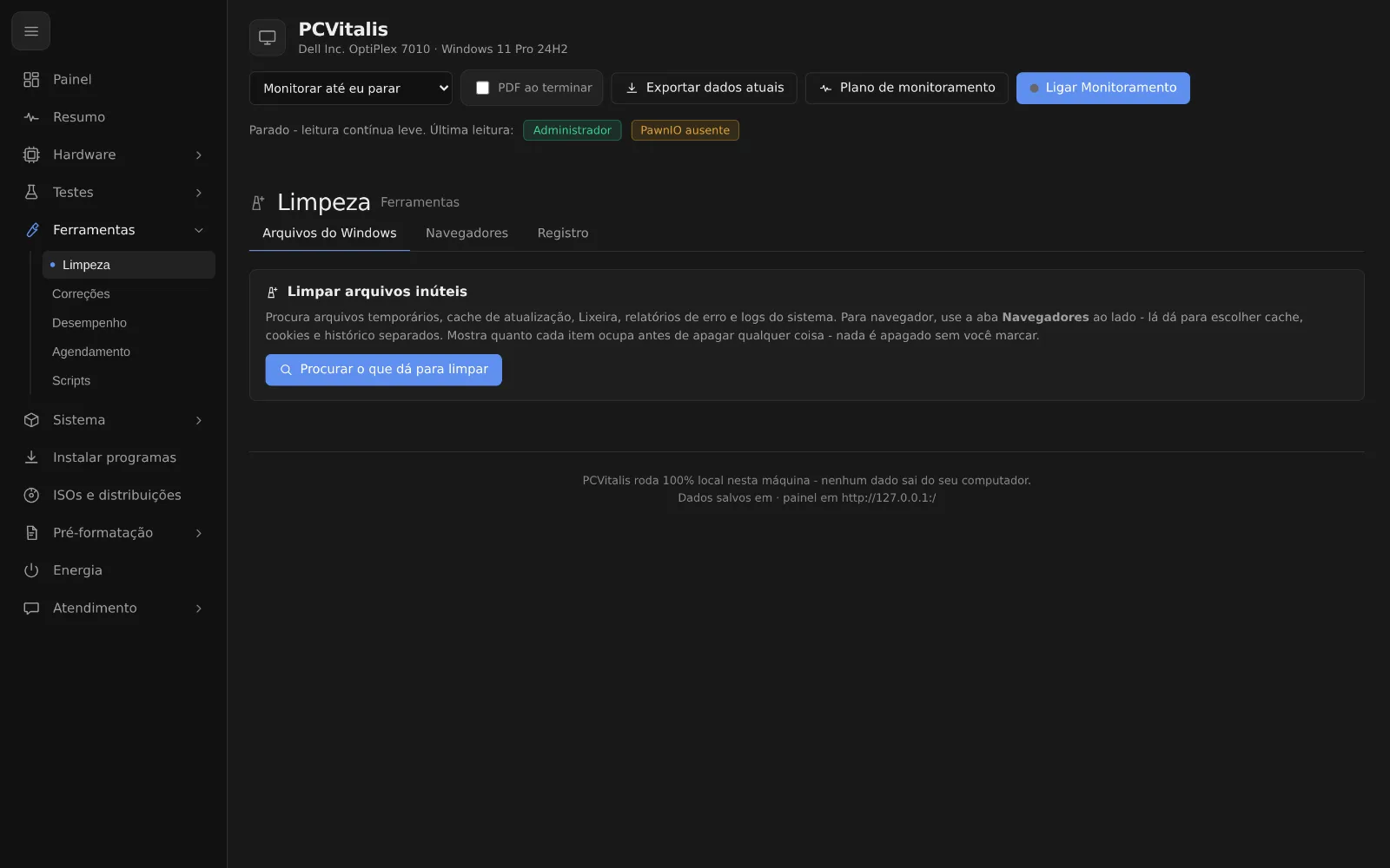 Tela como limpar o pc do cliente e liberar espaço em disco à distância no programa PCVitalis