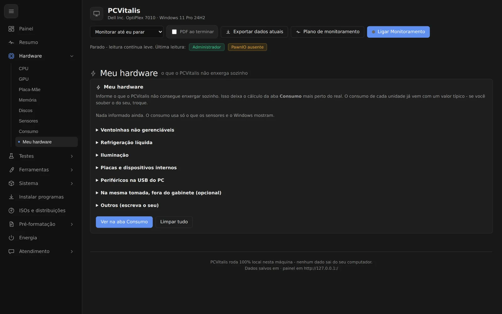 Tela como incluir monitor e outros aparelhos no cálculo de consumo no programa PCVitalis