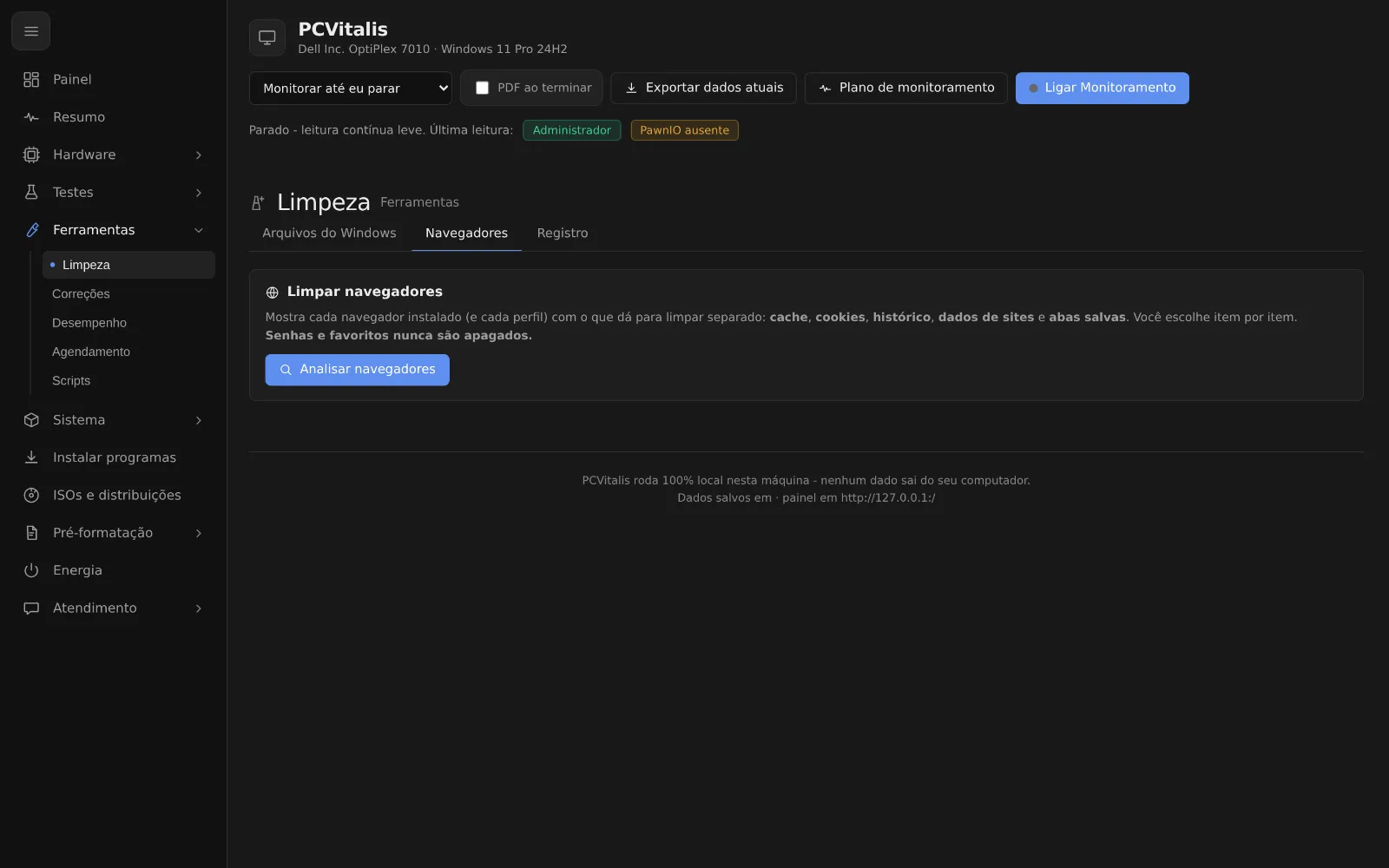 Tela como limpar o cache dos navegadores do cliente sem perder senhas e favoritos no programa PCVitalis