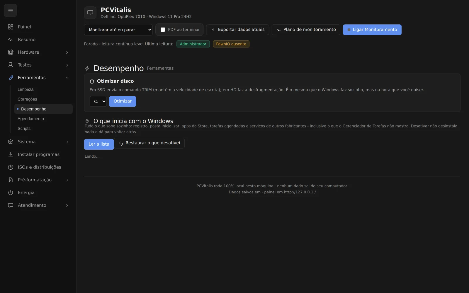 Tela como deixar o pc do cliente mais rápido para ligar no programa PCVitalis