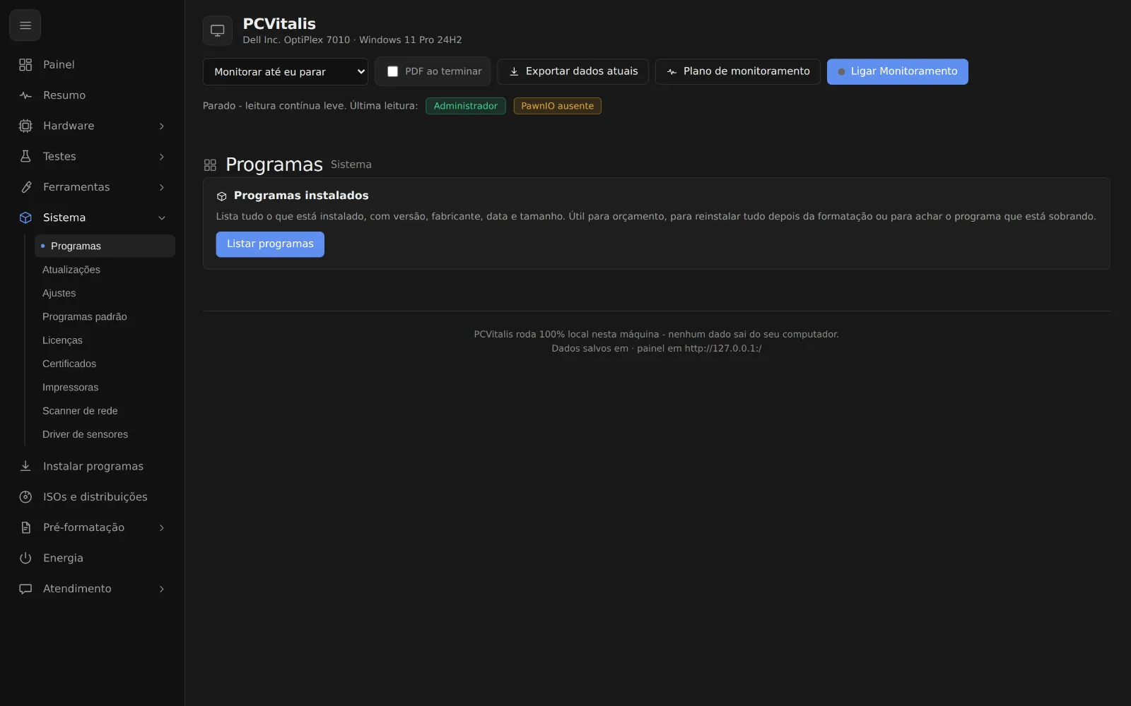 Tela como ver e desinstalar os programas do pc do cliente no programa PCVitalis