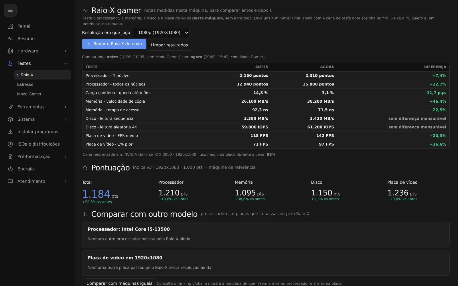 Tela como medir o desempenho do pc e provar a melhora depois do serviço no programa PCVitalis