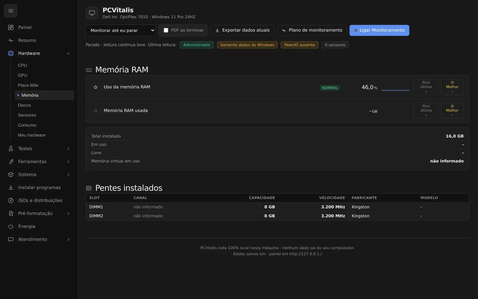 Tela como ver os pentes de memória e se o pc está em dual channel no programa PCVitalis
