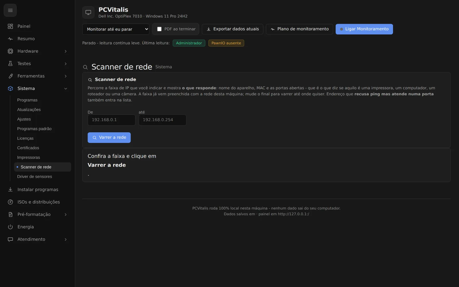 Tela como ver todos os aparelhos ligados na rede do cliente no programa PCVitalis