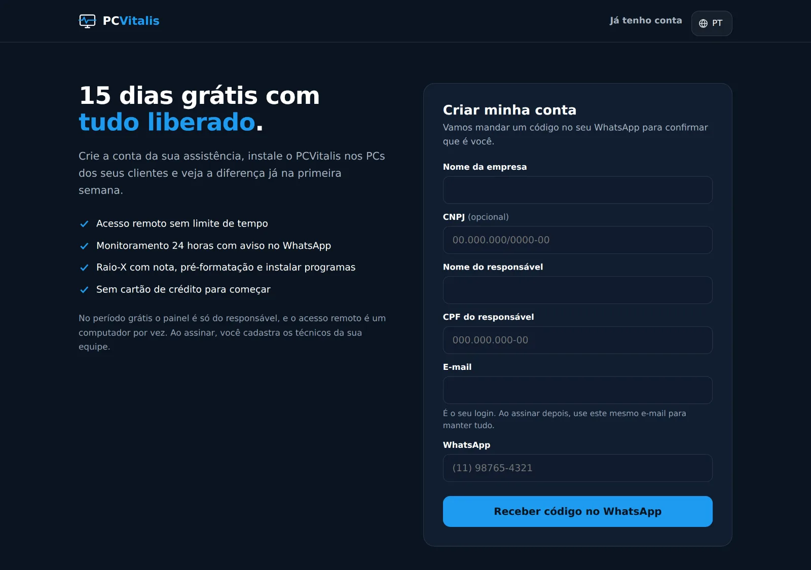 Tela de cadastro do PCVitalis