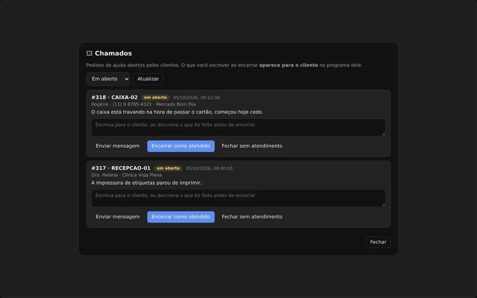 Lista de chamados em aberto