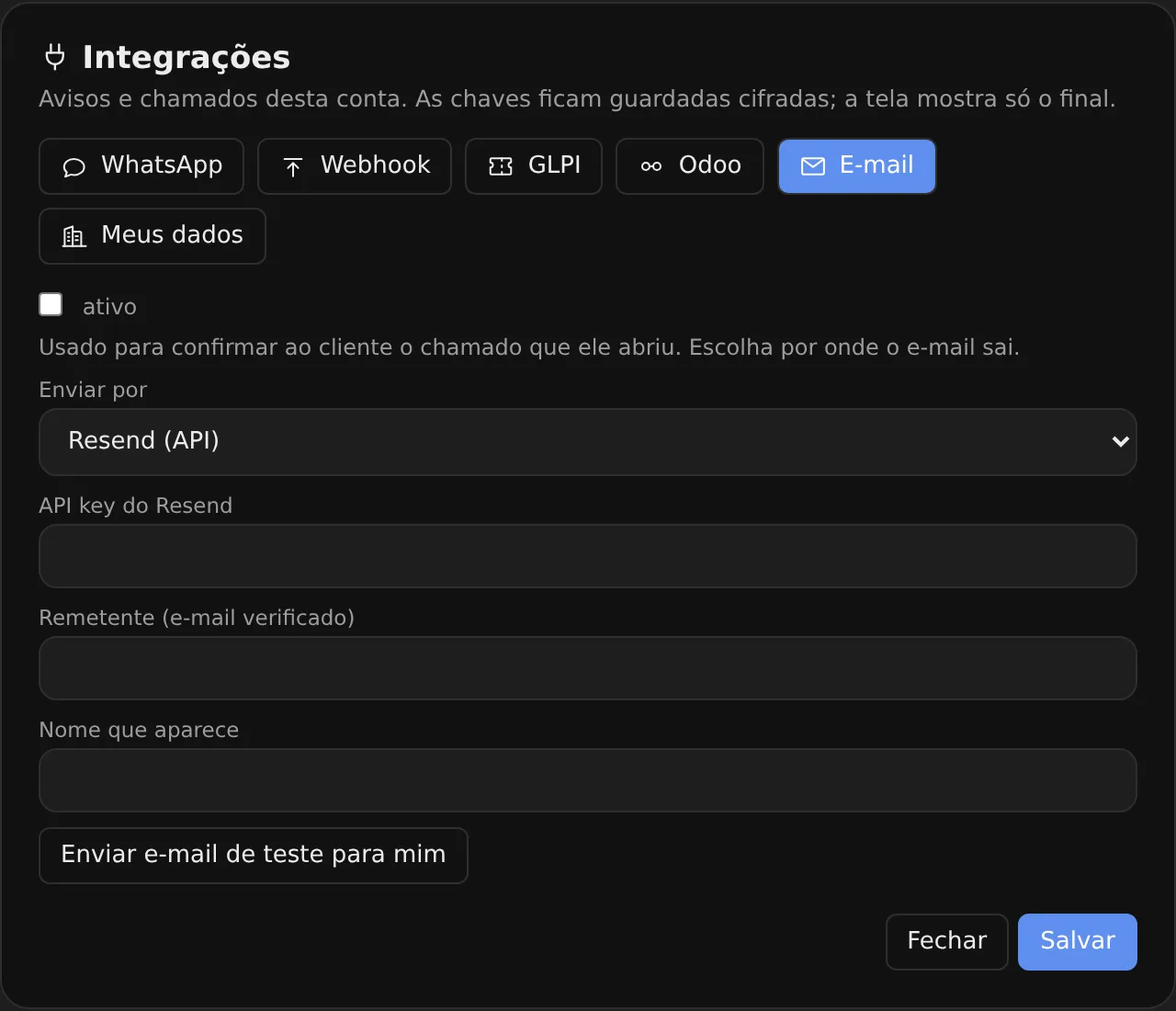 Aba E-mail das integrações