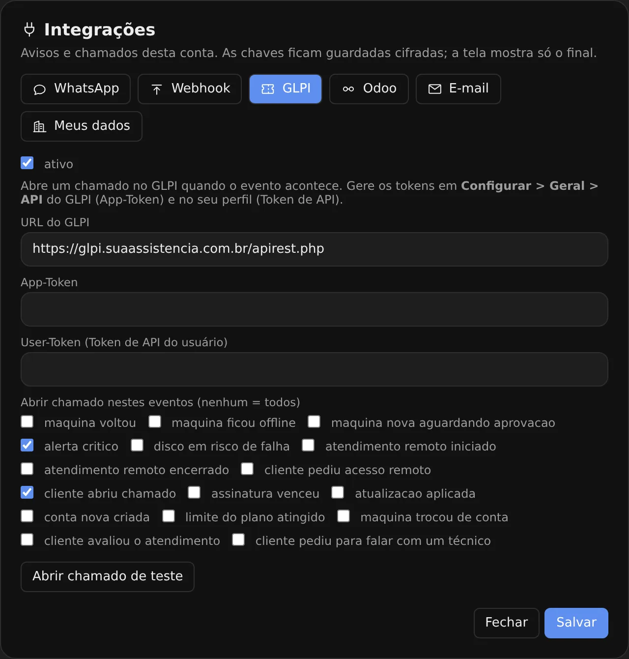 Aba GLPI das integrações