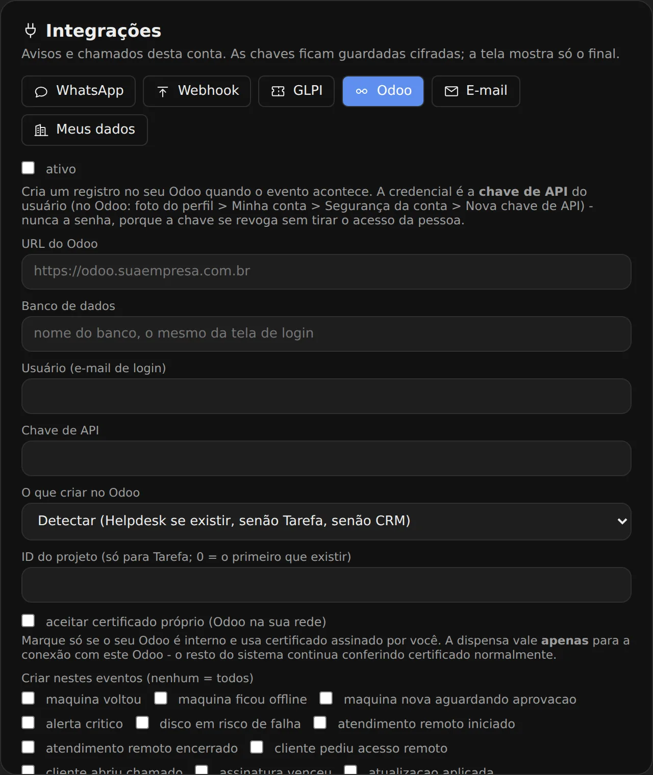 Aba Odoo das integrações