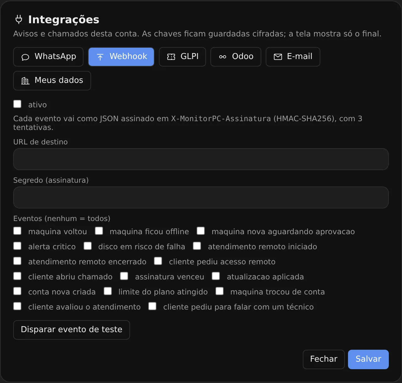 Aba Webhook das integrações