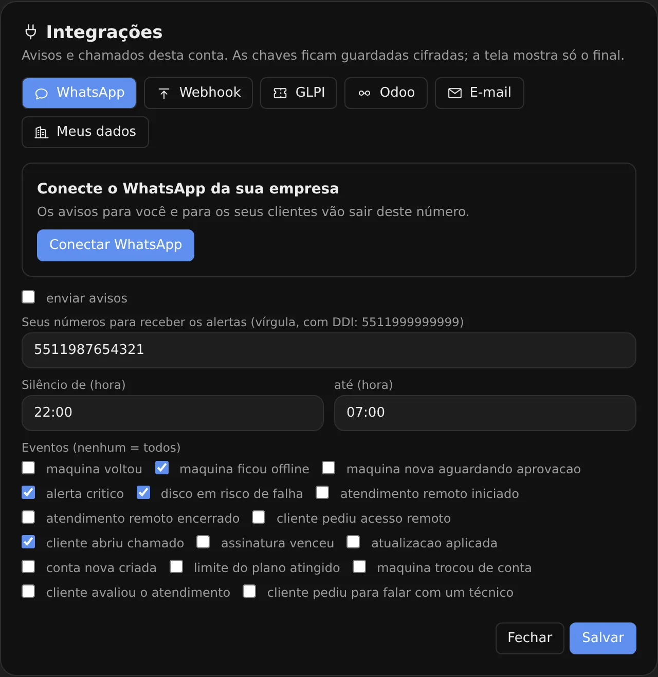 Aba WhatsApp das integrações