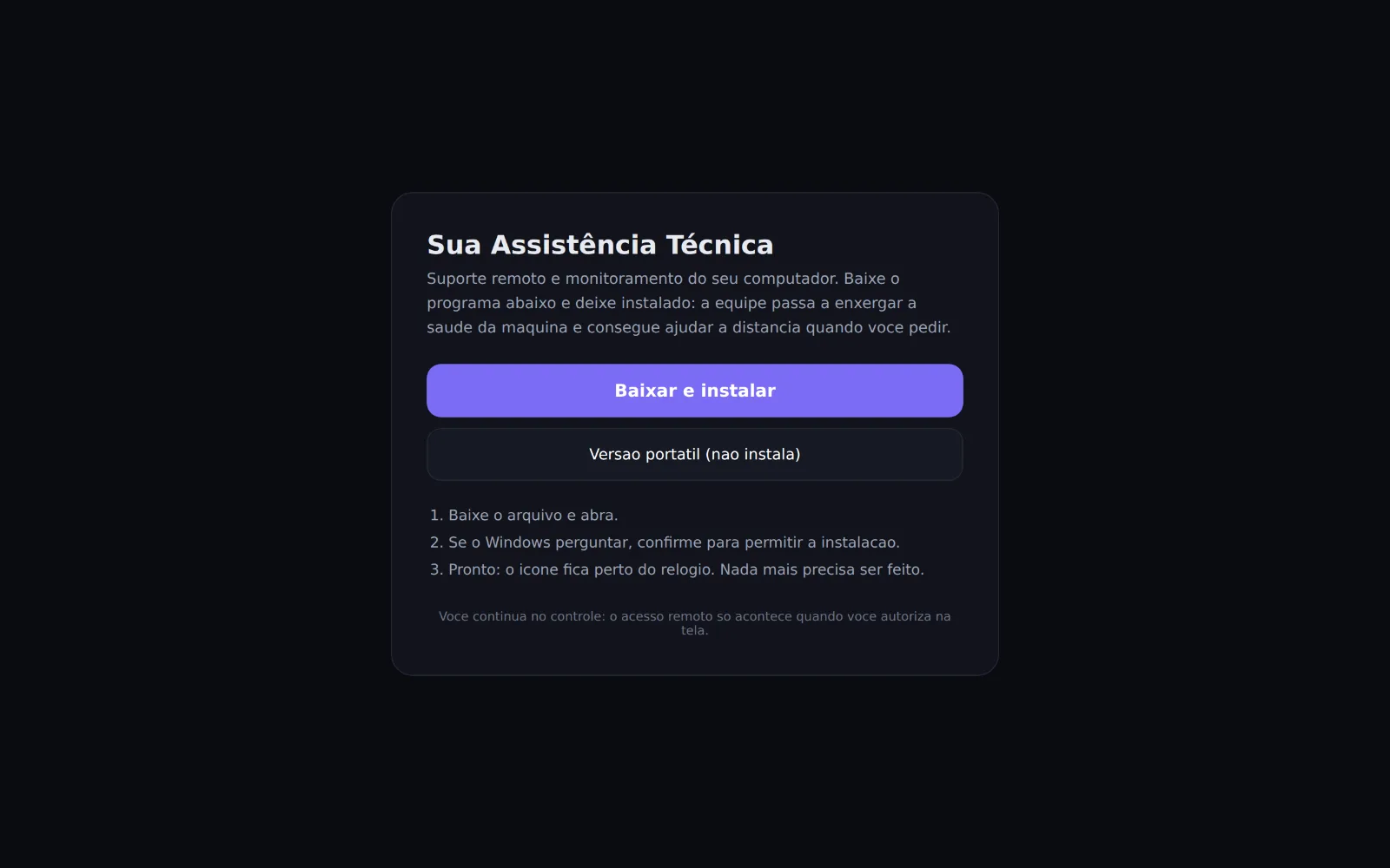 Página de instalação da empresa vista pelo cliente