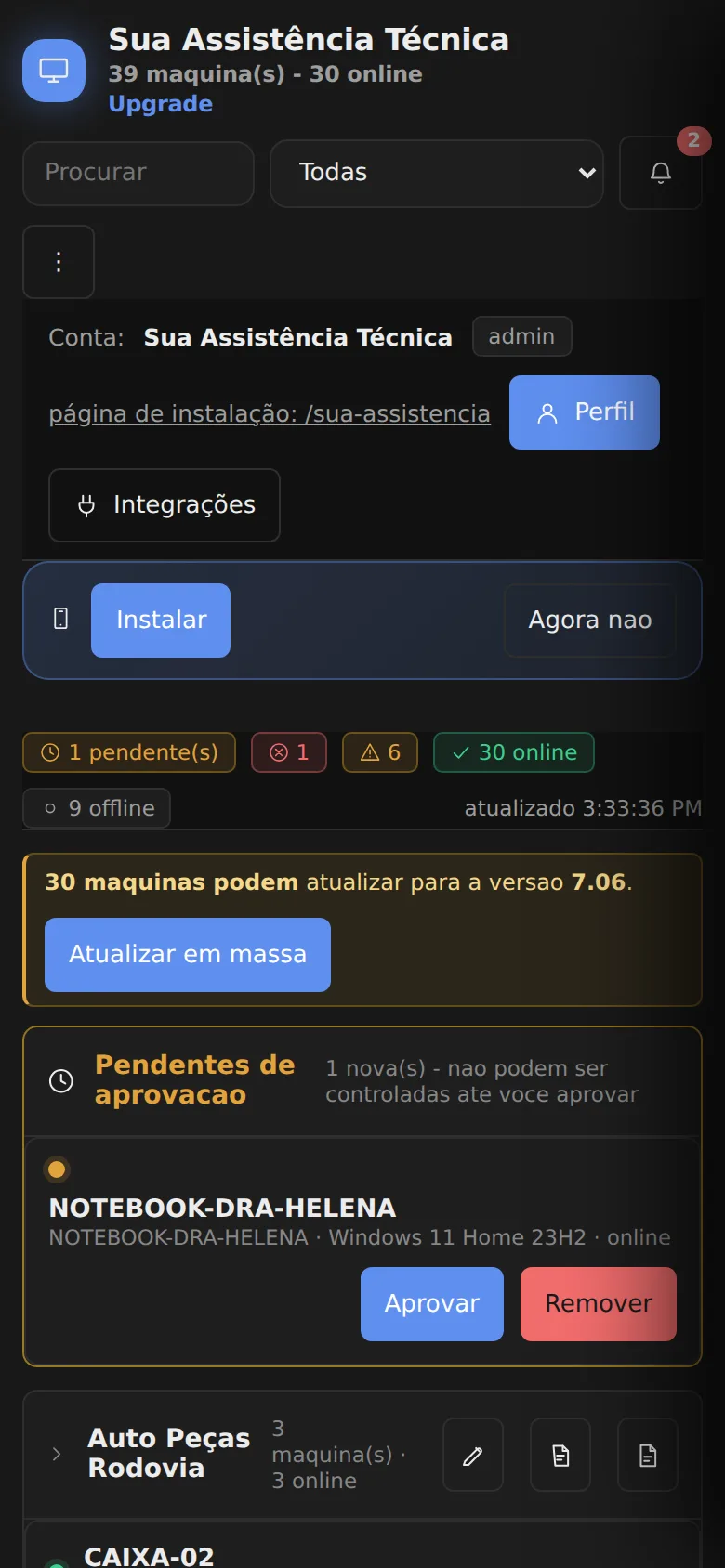 Painel do PCVitalis no celular