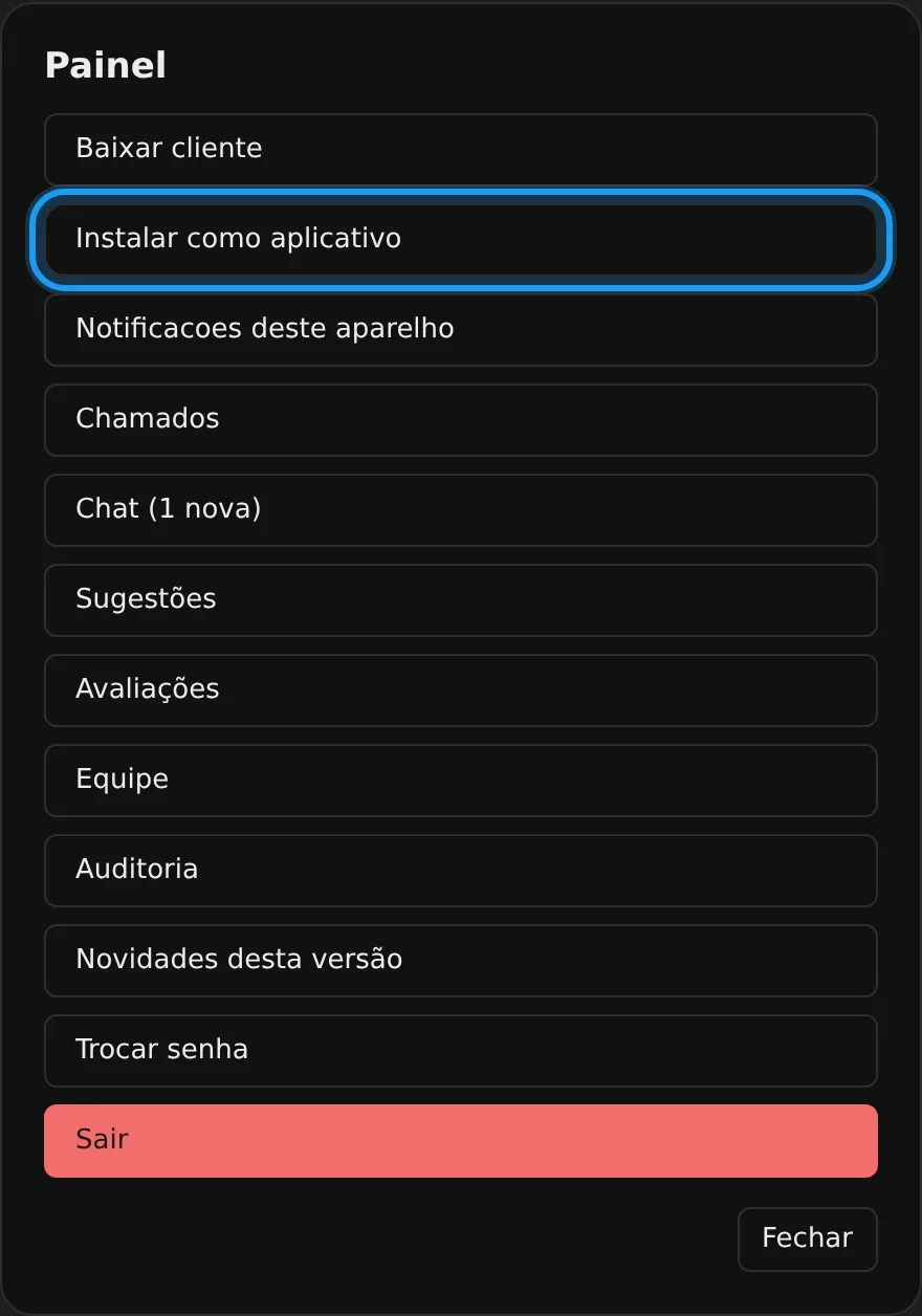 Menu com a opção Instalar como aplicativo