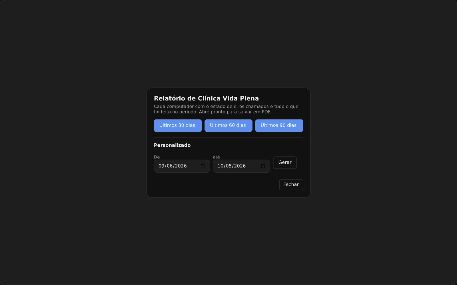 Janela do relatório do cliente